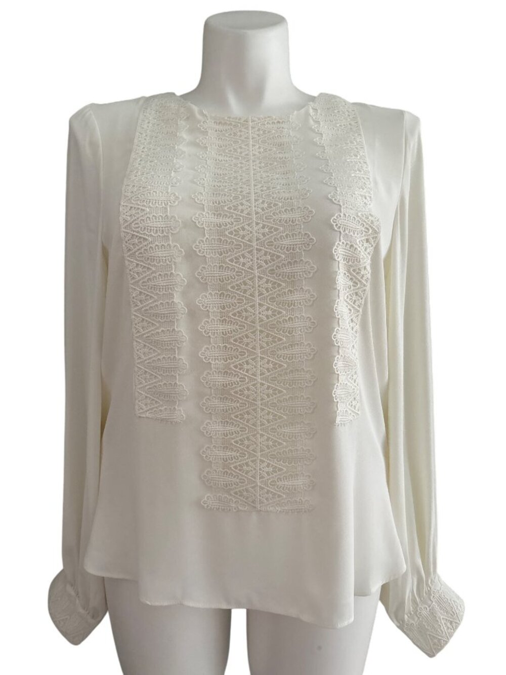 White House Black Market NWT $99 Women's Ecru Lace Trim Blouse Jewel Neck Size L - Picture 3 of 12